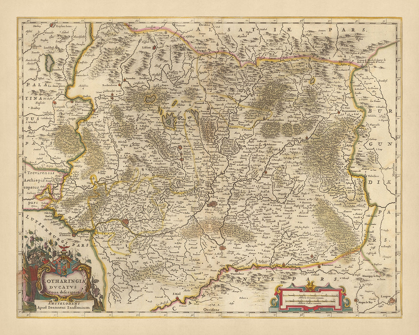 Old Map of Duchy of Lorraine, France by Visscher, 1690: Nancy, Metz, Saarbrücken, Kaiserslauten, Northern Vosges Park