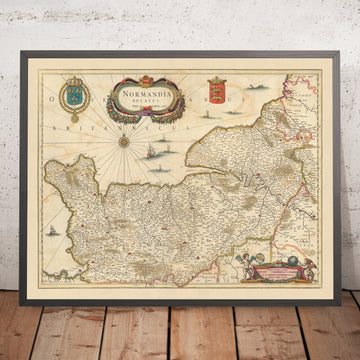 Old Map of Duchy of Normandy by Visscher, 1690: Caen, Le Havre, Roen, Cherbourg-en-Cotentin, Normandie-Maine Park