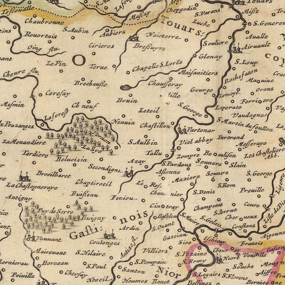 Old Map of Duchy of Poitou, France by Visscher, 1690: Nantes, Angers, Poitiers, La Rochelle, Marais Poitevin Regional Natural Park