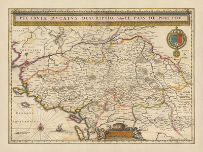 Mapa antiguo del Ducado de Poitou por Visscher, 1690: Nantes, Angers, Poitiers, La Rochelle, Parque Natural Regional del Marais Poitevin