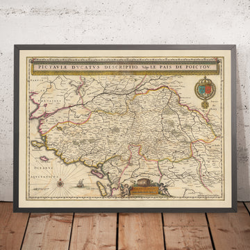 Mappa antica del Ducato di Poitou, Francia di Visscher, 1690: Nantes, Angers, Poitiers, La Rochelle, Parco Naturale Regionale del Marais Poitevin 