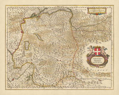 Mapa antiguo del Ducado de Saboya, Francia por Visscher, 1690: Ginebra, Grenoble, Chambéry, Chamonix, Parque Nacional Vanoise