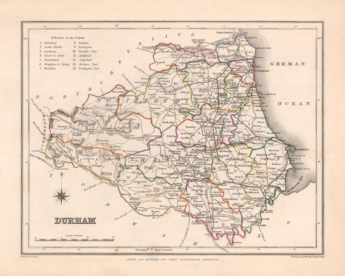 Mapa antiguo de Durham por Samuel Lewis, 1844: Sunderland, Stockton-on-Tees, Hartlepool, Bishop Auckland, Darlington