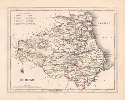 Alte Karte von Durham von Samuel Lewis, 1844: Sunderland, Stockton-on-Tees, Hartlepool, Bishop Auckland, Darlington