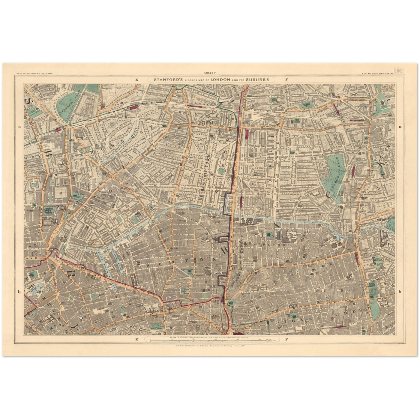 Alte Farbkarte von East London, 1891 - Hoxton, Haggerston, Dalston, Hackney, Bethnal Green - N1, N5, E8, E2, EC1