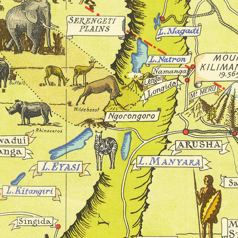 Antiguo mapa pictórico de África Oriental por Mathews, 1949: Serengeti, Kilimanjaro, Victoria, Valle del Rift, Vida Silvestre