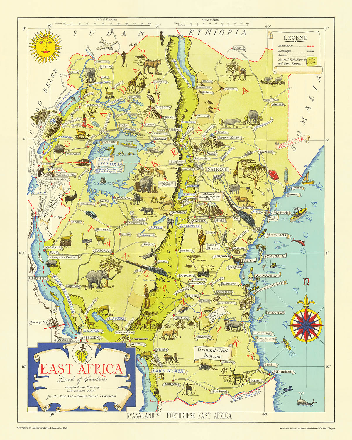 Alte Bildkarte von Ostafrika von Mathews, 1949: Serengeti, Kilimandscharo, Victoria, Rift Valley, Tierwelt