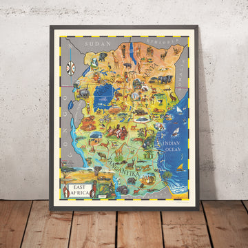 Antiguo mapa pictórico de África Oriental de McKenzie, 1961: Nairobi, Serengeti, Tsavo, Kilimanjaro, Victoria