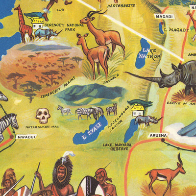 Alte Bildkarte von Ostafrika von McKenzie, 1961: Nairobi, Serengeti, Tsavo, Kilimandscharo, Victoria