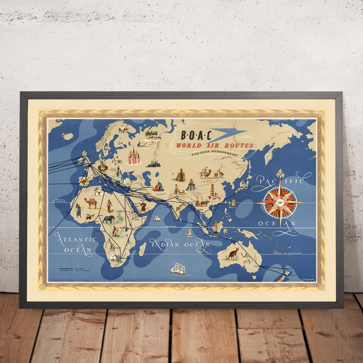 Old Pictorial Map of Eastern Hemisphere - Easternhemisphereairroutesboacbritishairways194936x24 Mockupframe 