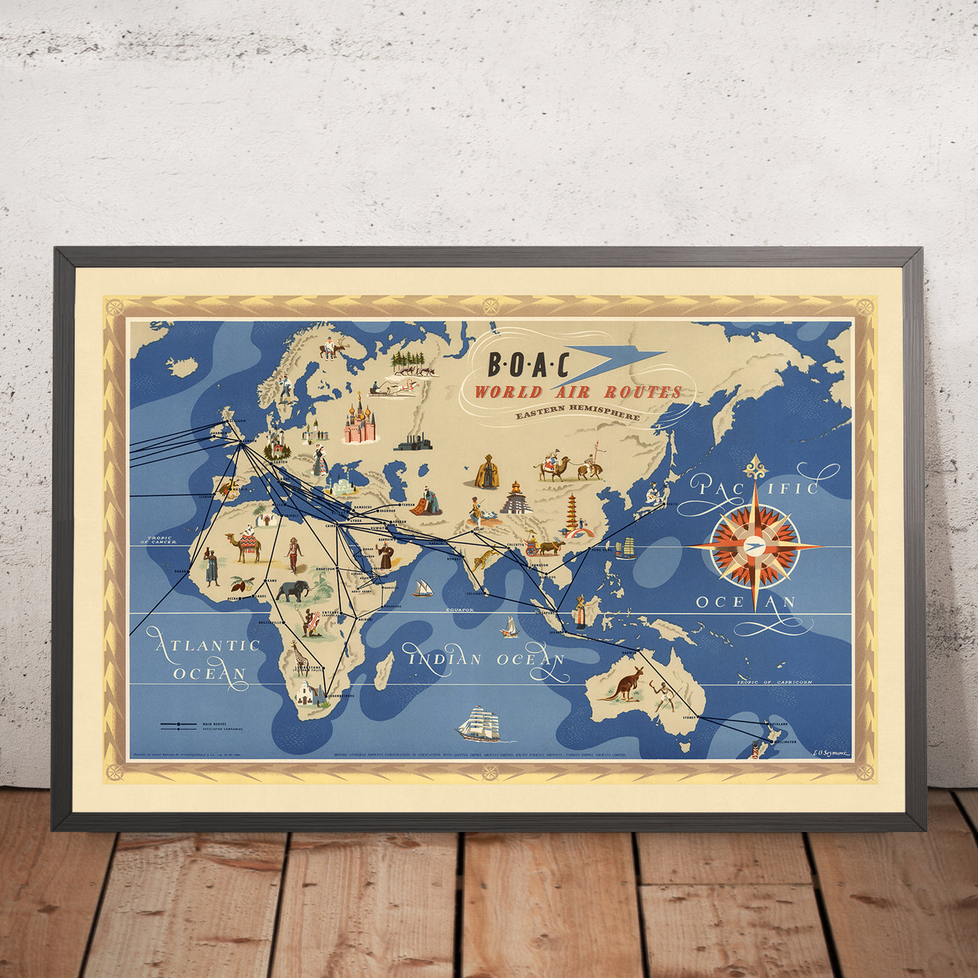Mapa del Viejo Mundo de rutas aéreas del hemisferio oriental por BOAC, 1949: ilustraciones pictóricas, estilo temático, representación de la aviación de mediados del siglo XX