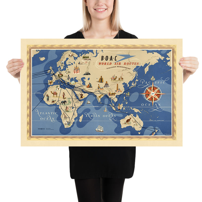 Carte du vieux monde des routes aériennes de l'hémisphère oriental par BOAC, 1949 : illustrations picturales, style thématique, représentation de l'aviation du milieu du XXe siècle