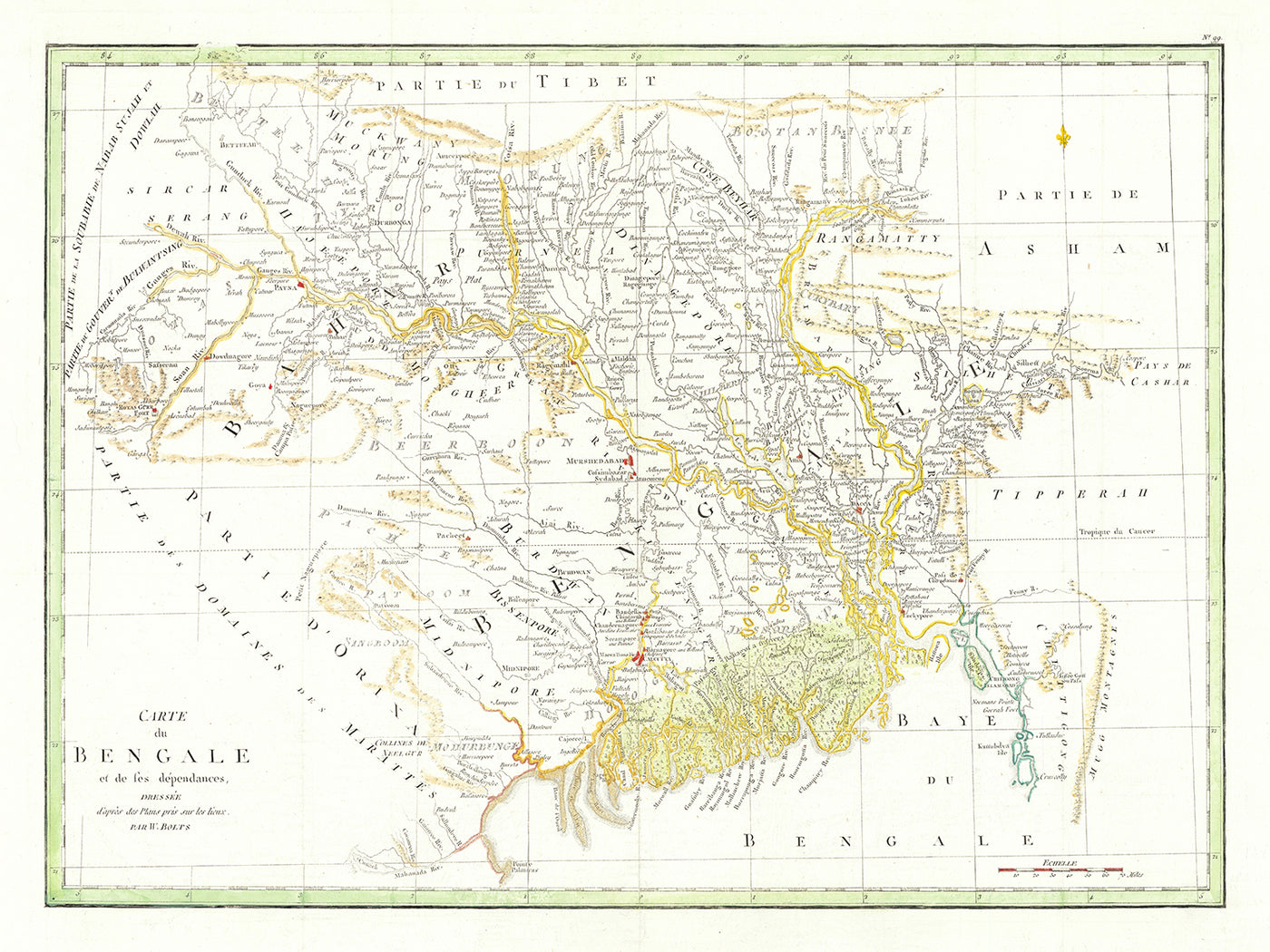Old Map of Eastern India and Bangladesh by William Bolts, 1773: Calcutta, Dacca, Patna, Murshidabad