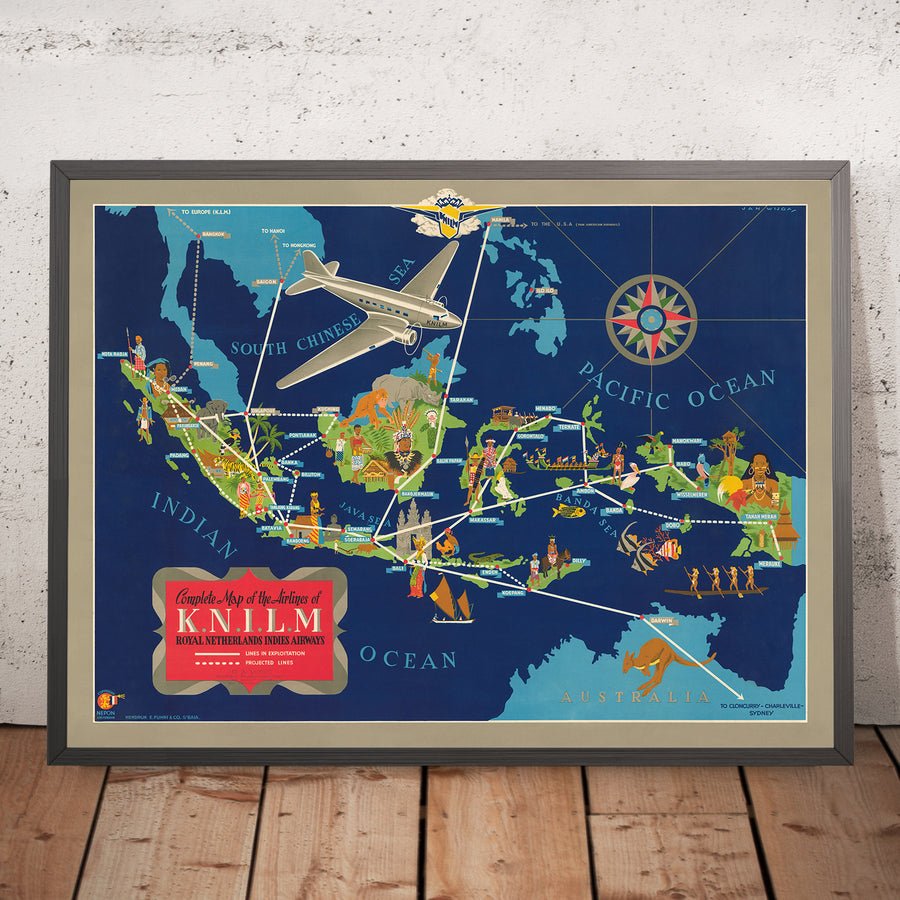 Alte Karte der Flugrouten der Niederländischen Ostindien von Wijga, 1935: Art Deco, Fluggesellschaftsrouten, kulturelle Illustrationen 