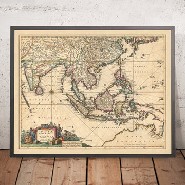 Ancienne carte des Indes orientales par Visscher, 1690 : Asie du Sud-Est, Asie du Sud, Chine du Sud, Territoire du Nord, Himalayas 