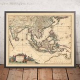Mappa antica delle Indie orientali di Visscher, 1690: Sud-est asiatico, Sud dell'Asia, Cina meridionale, Territorio settentrionale, Himalaya 