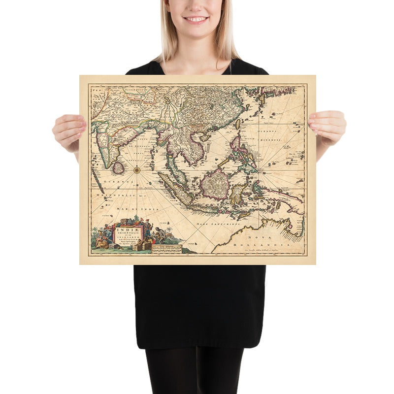 Mappa antica delle Indie orientali di Visscher, 1690: Sud-est asiatico, Sud dell&