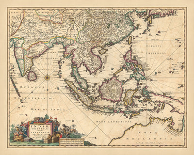 Old Map of the East Indies by Visscher, 1690: Southeast Asia, South Asia, Southern China, Northern Territory, Himalayas