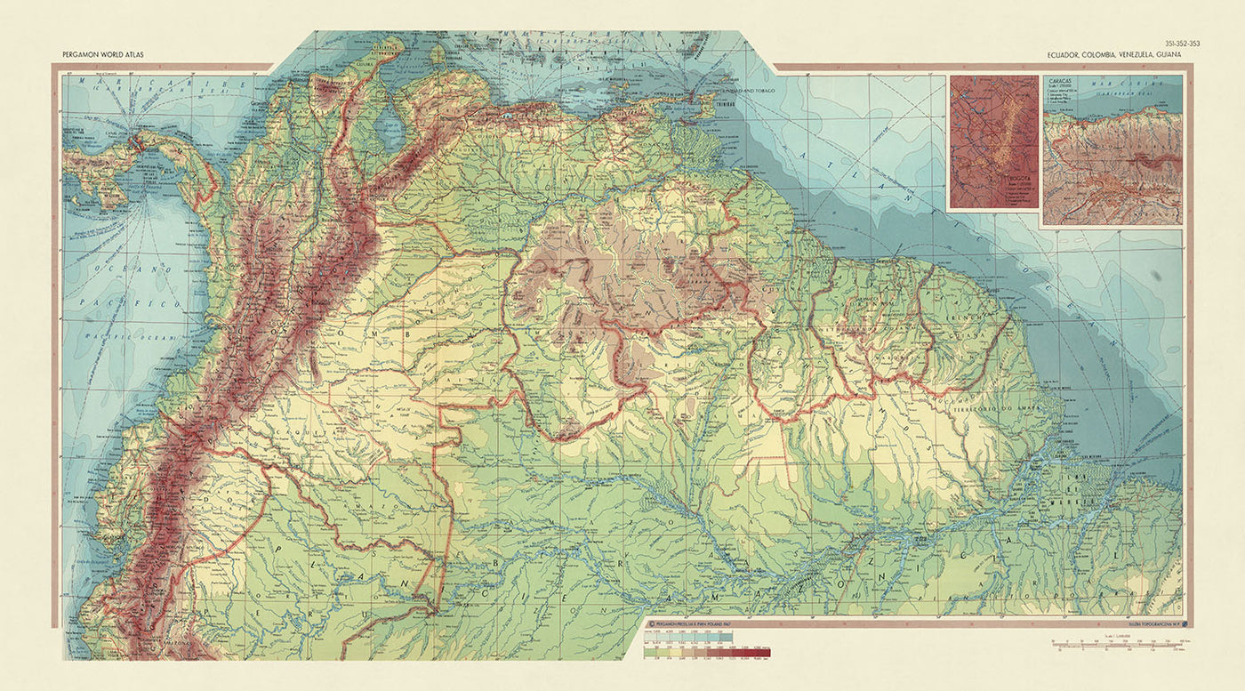 Alte Weltkarte Ecuador, Kolumbien, Venezuela, Guayana: Detaillierte politische und physische Karte, Einschübe, 1967