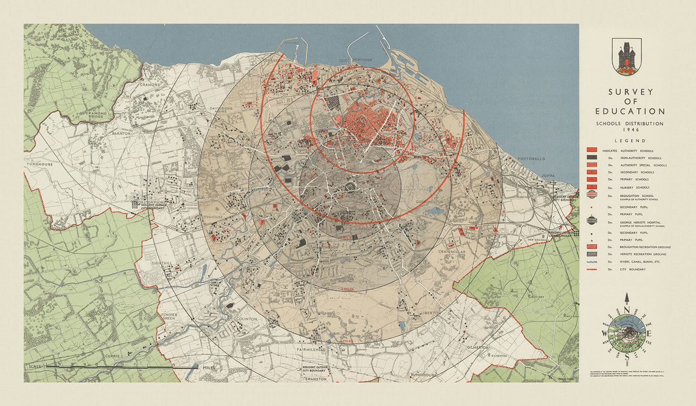 Ancienne carte d'Édimbourg par Abercrombie, 1946 : Cramond, Portobello, Leith Walk, Broughton, Heriot's