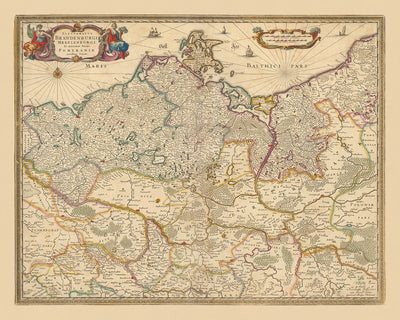 Antiguo mapa del electorado de Brandeburgo por Visscher, 1690: Berlín, Stralsund, Rostock, Szczecin, Magdeburgo