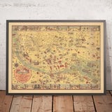 Ancienne carte picturale d'El Paso et Juarez par Dockum, 1932 : Mission Guadalupe, Camino Real, Fort Bliss, Rio Grande, Union Depot 