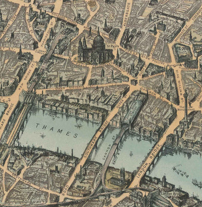 Antiguo mapa a vista de pájaro de Londres en 1892 por Charles Baker & Co - Westminster, City of London, Lambeth, Covent Garden, Marylebone