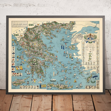 Old Pictorial Map of Ancient & Modern Greece, 1962: Athens, Thessaloniki, Mount Olympus, Greek Civil War
