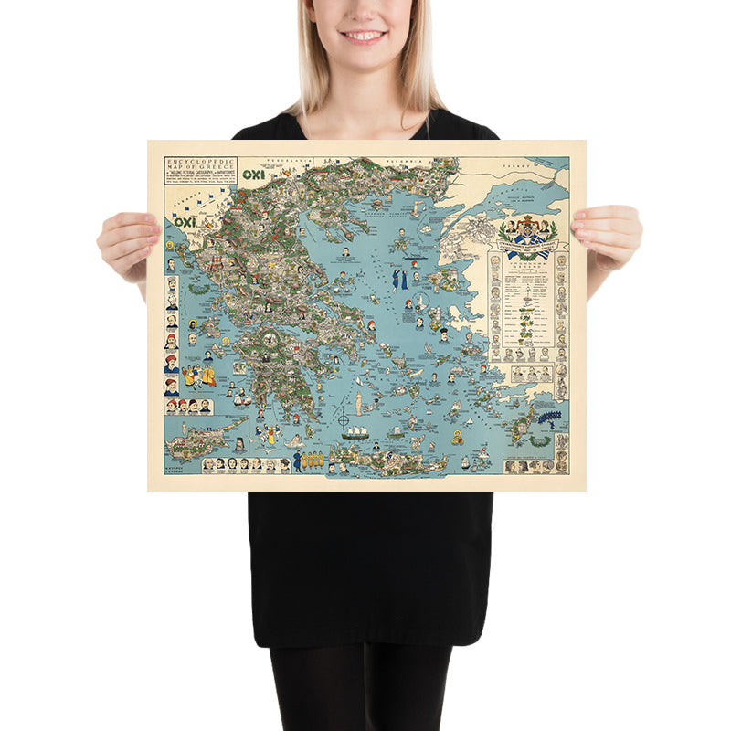 Ancienne carte de la Grèce, 1962 : Athènes, Thessalonique, Mont Olympe, guerre civile grecque, illustrée