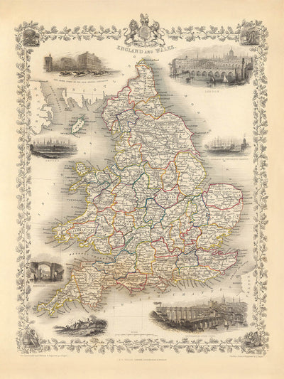 Antiguo mapa de Inglaterra y Gales por Tallis, 1851: Londres, Oxford, Doncaster, Portsmouth, Newcastle