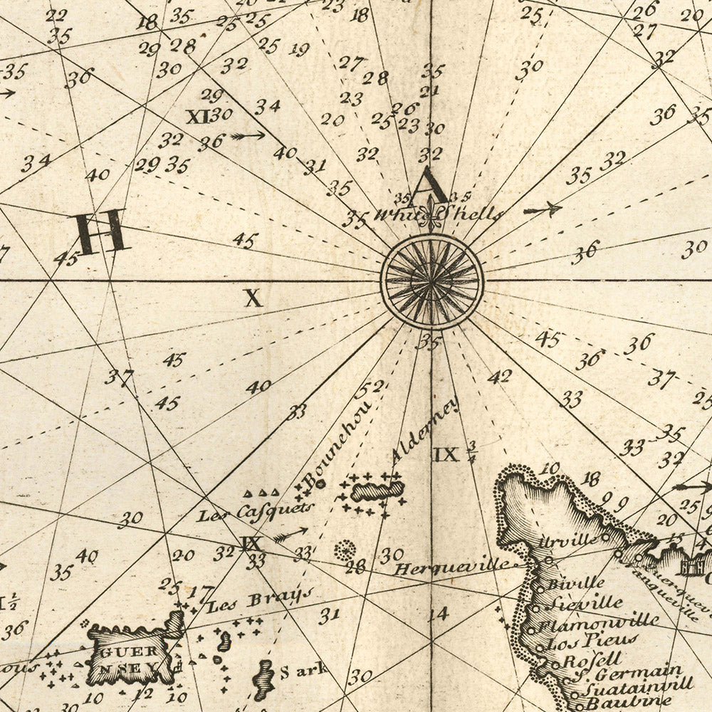 Antiguo mapa naval de Inglaterra y Francia por Price, 1729: Canal de la Mancha, Londres, Bristol, Cherburgo, Saint-Malo