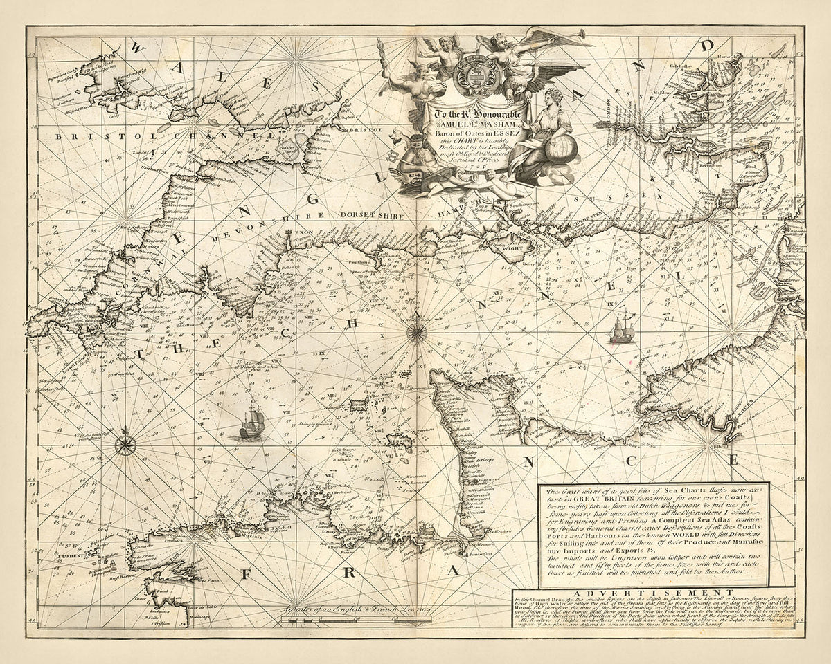 Antigua carta naval del Canal de la Mancha por Price, 1729: La Manche, Londres, Bristol, Cherburgo, Saint-Malo 