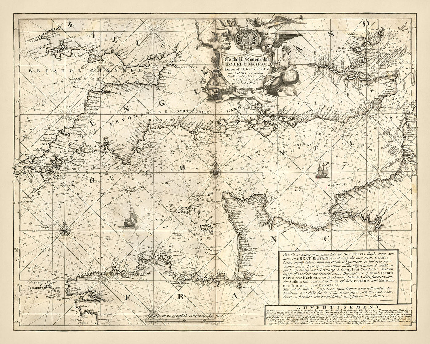 Ancienne carte navale de l'Angleterre et de la France par Price, 1729 : Manche, Londres, Bristol, Cherbourg, Saint-Malo
