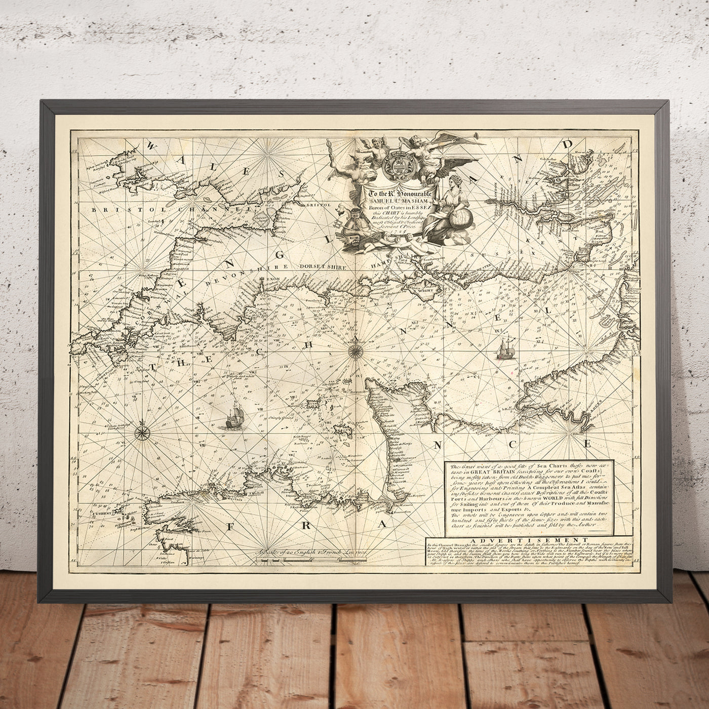 Antiguo mapa naval de Inglaterra y Francia por Price, 1729: Canal de la Mancha, Londres, Bristol, Cherburgo, Saint-Malo