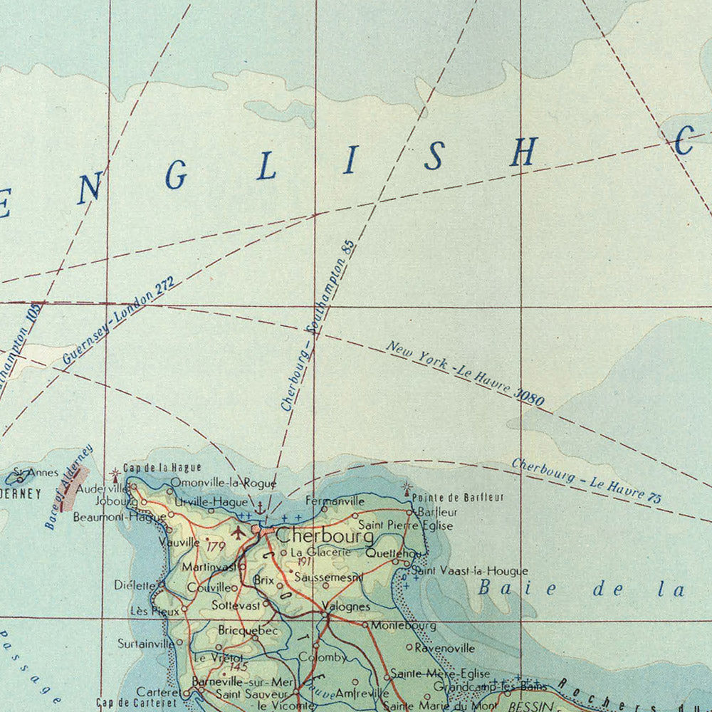 Ancienne carte de la Manche par le service topographique de l'armée polonaise, 1967 : sud de l'Angleterre, nord-ouest de la France, Londres, Paris, routes maritimes de la Manche