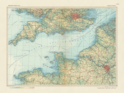 Ancienne carte de la Manche par le service topographique de l'armée polonaise, 1967 : sud de l'Angleterre, nord-ouest de la France, Londres, Paris, routes maritimes de la Manche