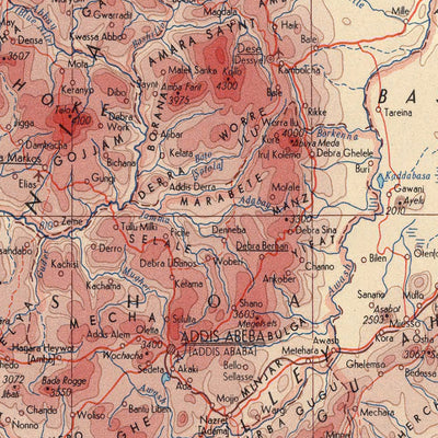 Ancienne carte de l'Éthiopie, 1967 : Addis-Abeba, montagnes du Simien, fleuve Nil Bleu, guerre civile éthiopienne, carte politique et physique détaillée