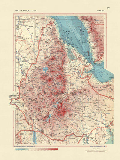 Ancienne carte de l'Éthiopie, 1967 : Addis-Abeba, montagnes du Simien, fleuve Nil Bleu, guerre civile éthiopienne, carte politique et physique détaillée