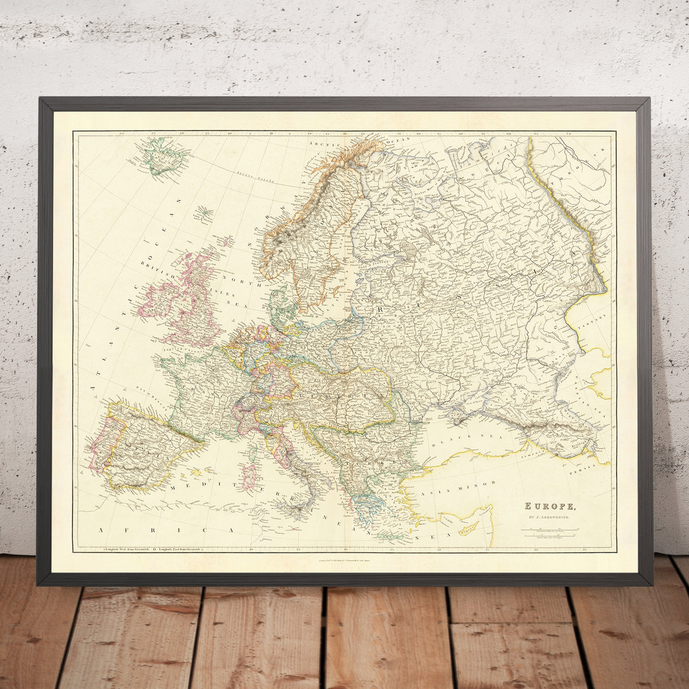 Antiguo mapa de Europa de Arrowsmith, 1840: panorama político de mediados del siglo XIX, topografía física detallada y reflejo de los límites geopolíticos