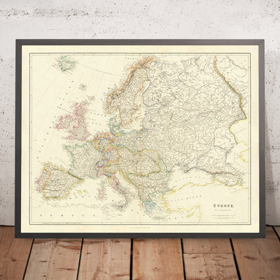 Ancienne carte de l'Europe par Arrowsmith, 1840 : paysage politique du milieu du XIXe siècle, topographie physique détaillée et reflet des frontières géopolitiques