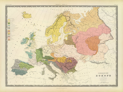 Antiguo mapa de Europa, etnografía y tribus antiguas por AK Johnston 1856: celtas, anglosajones, daneses, alemanes, eslavos, magiares, turcos, griegos y más