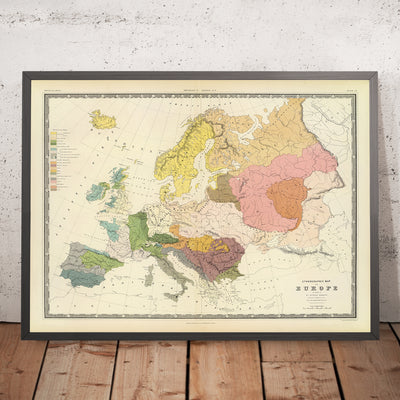 Old Map of Europe Ethnography and Ancient Tribes by AK Johnston 1856: Celts, Anglo-Saxons, Danes, Germans, Slavs, Magyars, Turks, Greeks, and More