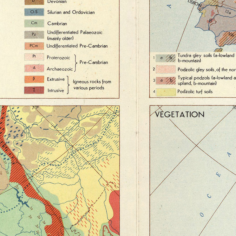 Ancienne carte infographique de la géologie de l'Europe, 1967 : Géologie, Géomorphologie, Sols, Végétation