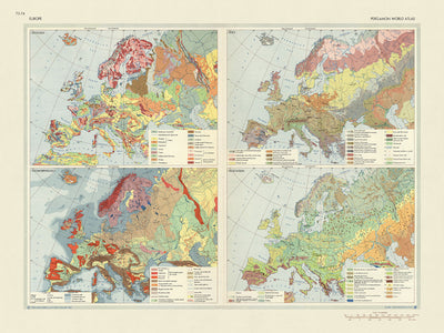 Ancienne carte infographique de la géologie de l'Europe, 1967 : Géologie, Géomorphologie, Sols, Végétation