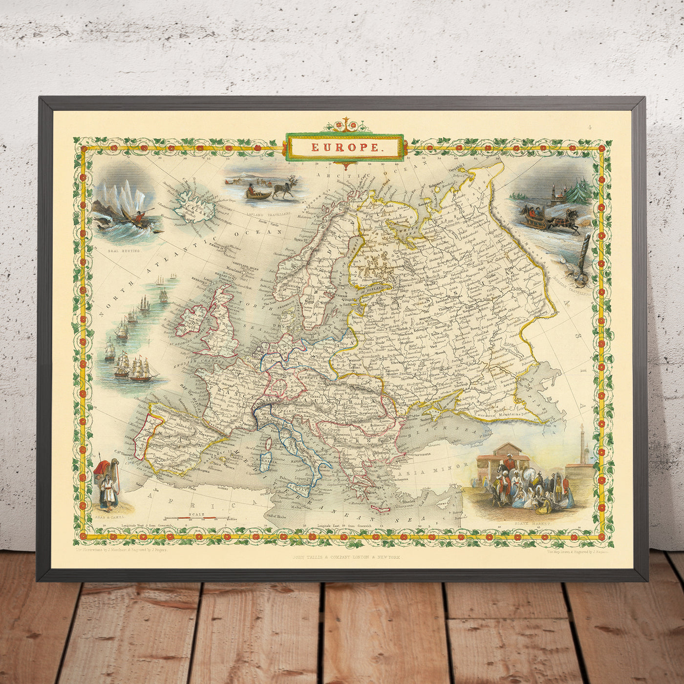 Old Map of Europe by John Tallis, 1851: Seal Hunting, Camels, Slave Market, etc.