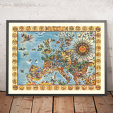 Old Map of Europe by KLM, 1967: Whimsical Illustrations, Cultural Highlights, Airplanes