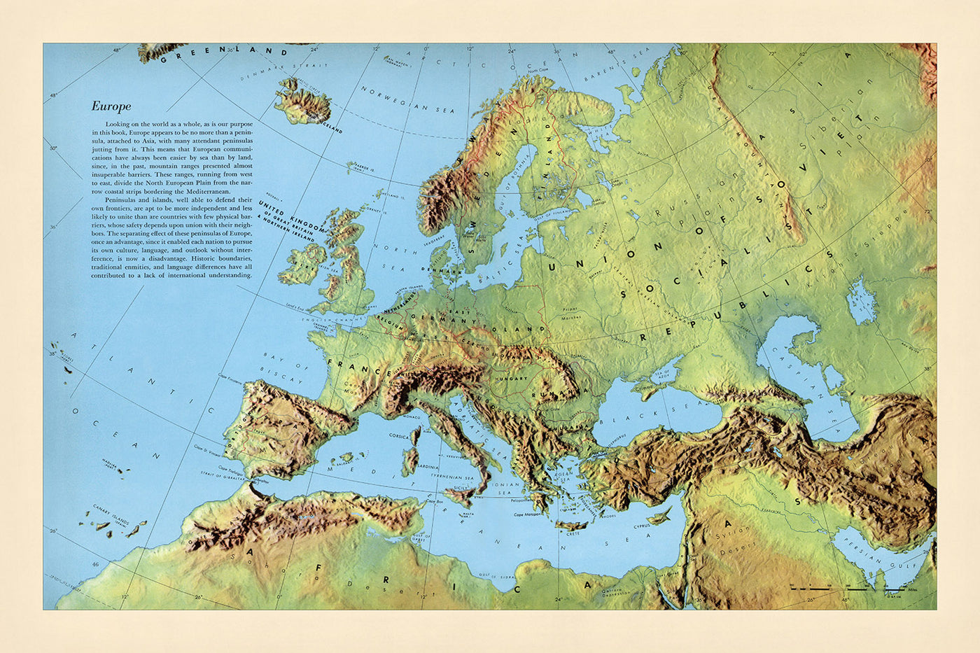 Carte du vieux monde de l'Europe par Debenham, 1958 : carte physique détaillée, frontières politiques, chaînes de montagnes