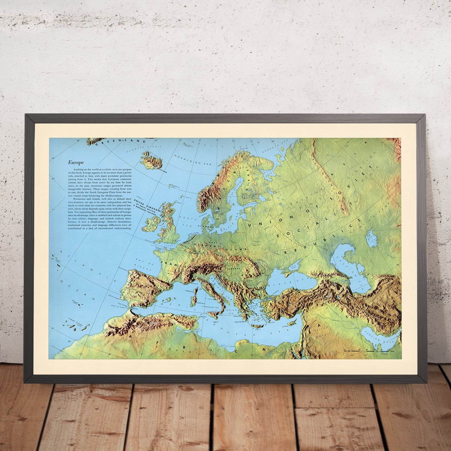 Old Shadow Relief Map of Europe - Europeshadowrelieffrankdebenham195836x24mockupframe 