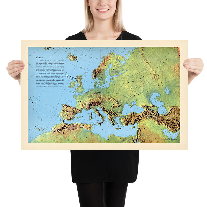Alte Weltkarte von Europa von Debenham, 1958: Detaillierte physische Karte, politische Grenzen, Gebirgszüge