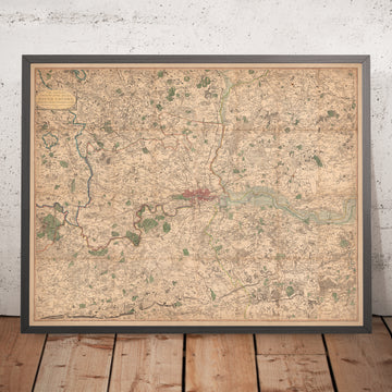 Ancienne carte de Londres et des banlieues (25 miles) en 1790, par W. Faden - Kent, Sussex, Surrey, Essex, Middlesex, Hertfordshire 